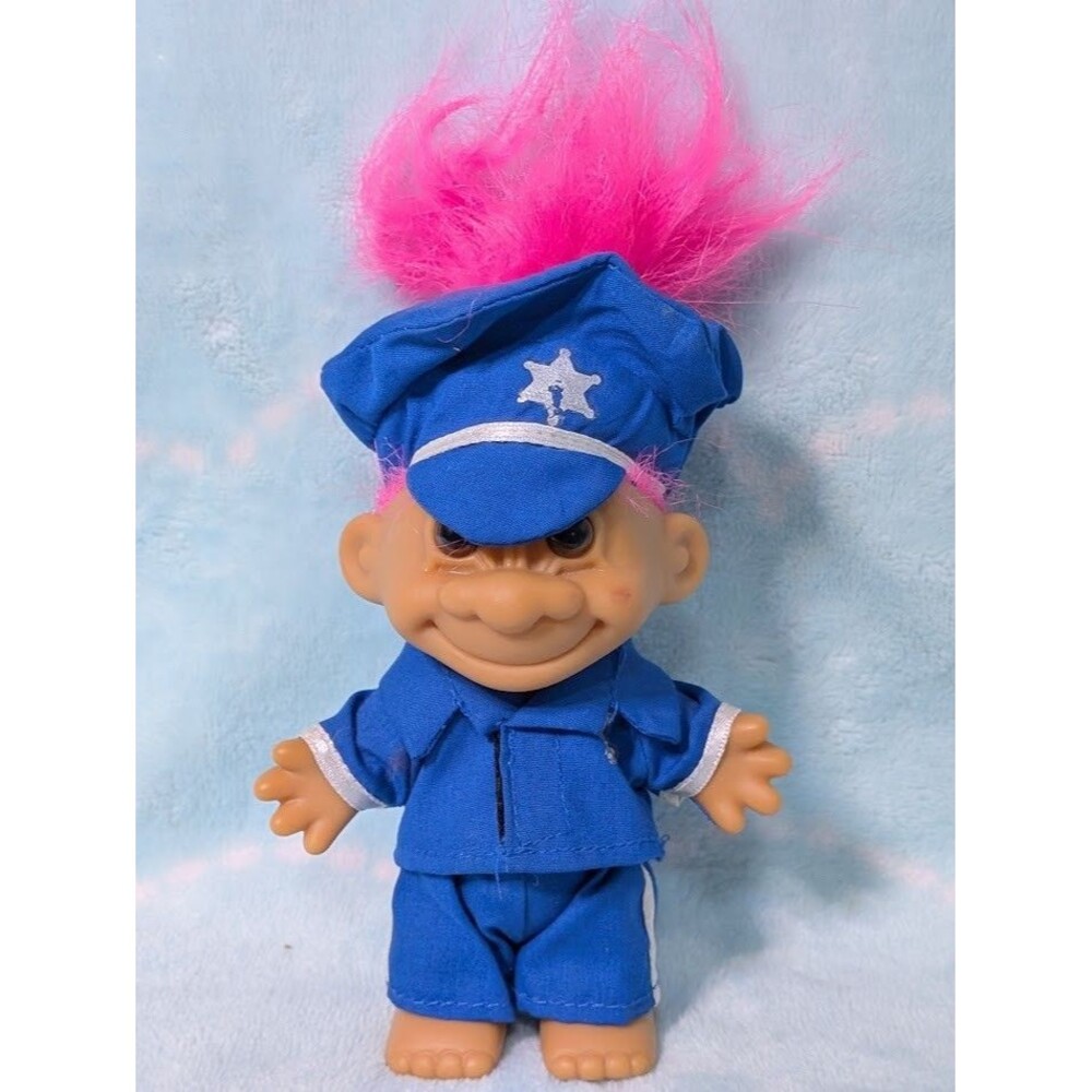 Vintage Russ Troll Doll – Police Officer – Pink Hair – Item #18327 – 1990s